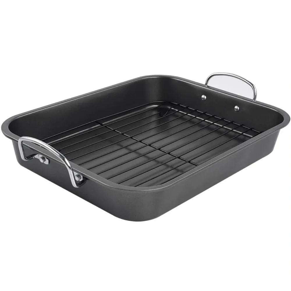 Nonstick Black Roasting Pan with Rack - 16 Inch Rectangular Dishwasher Safe
